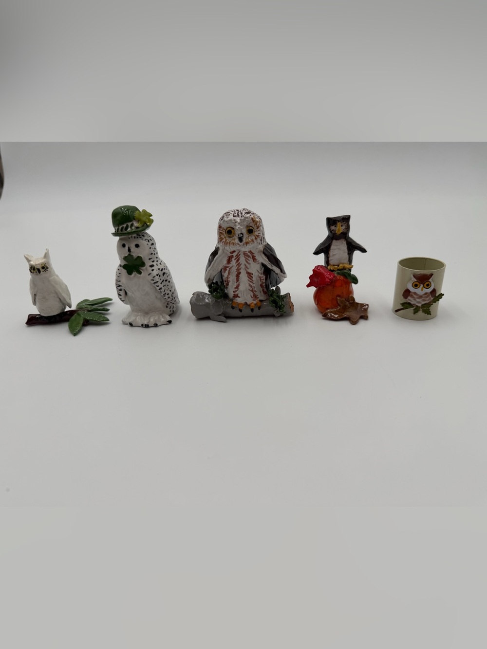 Vintage collection of five small, hand-painted ceramic/porcelain owl figurines